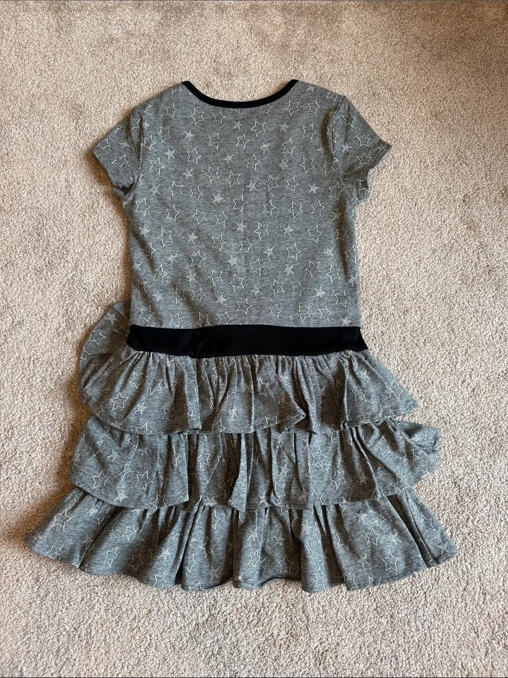 kidpik Gray Star Ruffle Tiered Dress with Black Trim